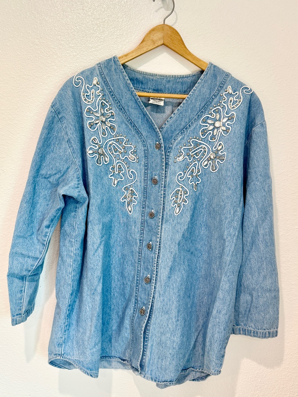 Vintage 90s Denim Chambray Top Embroidered Bejeweled Cotton Button Up Western M